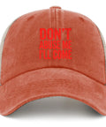 Dope Trucker Hat For Women And Girls Saffron Washed Distressed Low Profile Cap with red text "Don't Abuse Me I'll Come" printed on front