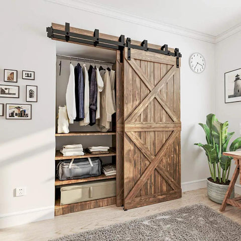 Heavy Duty Metal Sliding Barn Door Hardware Kit For Bypass Systems, 4Ft To 16Ft Rail, Wall Mount Bracket For Double Wooden Doors, Frosted Black Carbon Steel, Fireproof, Waterproof, Rustproof, Easy Install