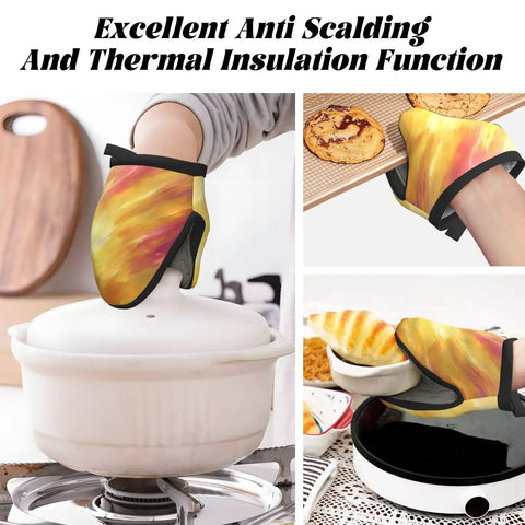 Awesome Yellow Orange Silicone Oven Mitts With Grip And Anti-Slip Design For Hot Pots And Pans To Keep Your Hands Safe While Cooking Delicious Meals.