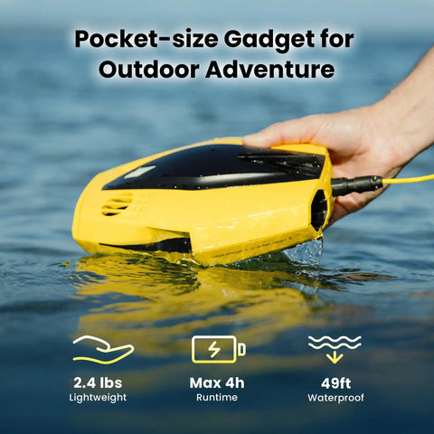 Palm Sized Dory Underwater Drone with 1080p Full HD Camera for Real Time Viewing and App Remote Control Purple Yellow on water