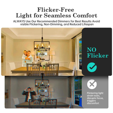 40 Watt Equivalent Frosted E12 LED Bulb Candle Candelabra CA10 in dining room, illustrating flicker-free comfort and usage recommendations.