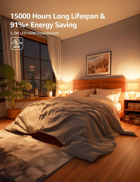 Cozy bedroom with warm lighting from 60W Equivalent Dimmable LED Filament Bulbs E12 Candelabra For Ceiling Fans And Chandeliers