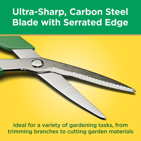 8 Inch All Purpose Steel Garden Utility Shears With Serrated Blades Comfort Grip Pruning Scissors close-up on serrated blade