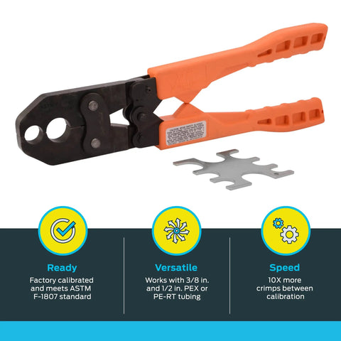 Half Inch To Three Quarter Inch PEX Crimp Tool With Dual Head And Orange Handles, shown with built-in calibration guide.