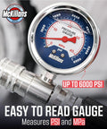 Front view of McKillans stainless steel pressure gauge attached to a hose, up to 6000 PSI (PSI/MPa)