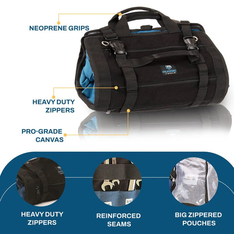 Titan23-XL Tool Roll And Organizer for professionals, heavy-duty canvas, with neoprene grips, heavy-duty zippers visible.