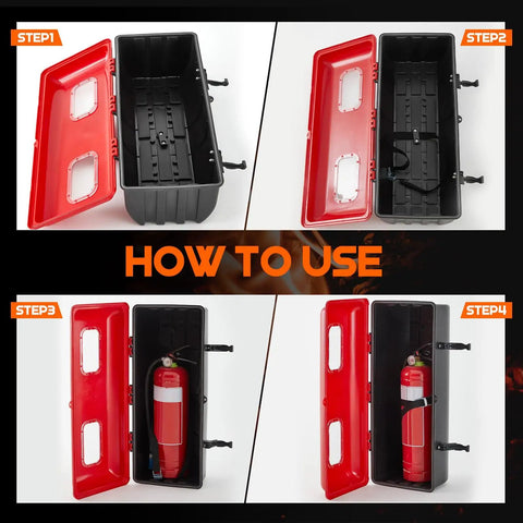 Outdoor Fire Extinguisher Cabinet Box With 3D Arrow Sign, Weatherproof And Vandal Resistant, showing internal steps for 10 lb extinguishers.