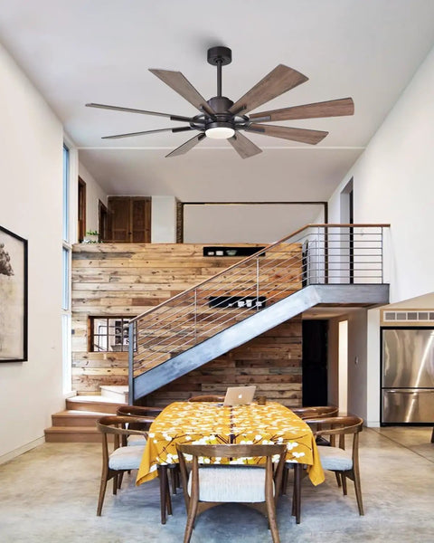 60 Inch Farmhouse Ceiling Fan With Light In Black Remote Control, Beast Airflow With Whisper Quiet DC Motor, Up To 6300 CFM, Energy Saving Up To 75 Percent, Perfect For Living Room, Bedroom, Or Covered Patio in dining room