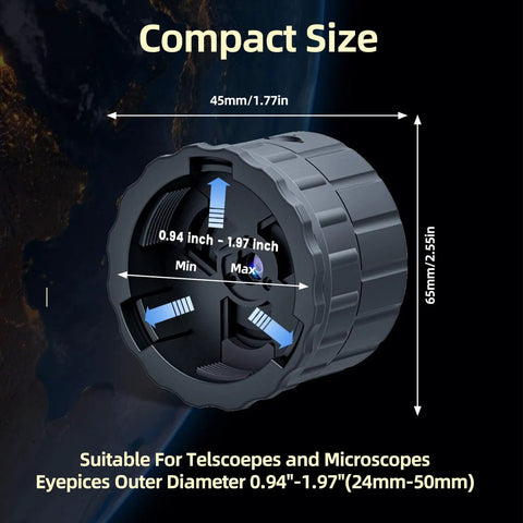 WiFi Eyepiece Camera for Telescopes, Microscopes, and Binoculars With 4MP Sensor showing size dimensions and compatibility