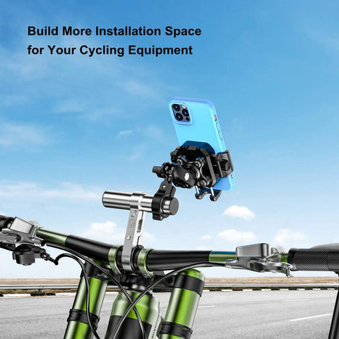 Aluminum Alloy Handlebar Extender For Bike And Motorcycle, 4 inch extension with phone mount on green handlebar.