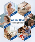 Collage showing High Speed Hair Dryer With 150000 RPM Motor And 1400W Power used at home, while traveling, and for pets.