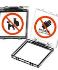 Two Pack 55mm Dustproof Button Switch Cover Protector With Sticker And Double Sided Tape For PC Computer Desktop Industrial Power Switches And Control Panels Square Shield showing no pet and no touch signs.