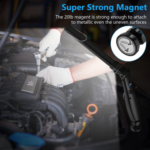 Dual COB And Flashlight LED Work Light used in car engine repair, showing magnetic base attachment.