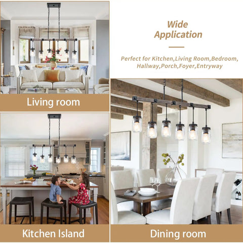 Boss Gold Farmhouse Chandelier With Six Lights illuminating living room, kitchen island, and dining room; modern industrial pendant lighting.