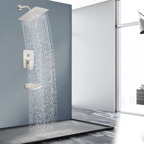 Brushed Nickel Tub And Shower Faucet Set With 8 Inch Rain Shower Head Waterfall Tub Spout Wall Mounted Rough In Valve And Trim Kit Included 2 Function Shower System Mixer