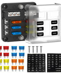 Six Way Fuse Block Panel For 12V And 24V DC Systems With LED Indicator ATC ATO Compatible Fuse Box with cover, fuses, and labels