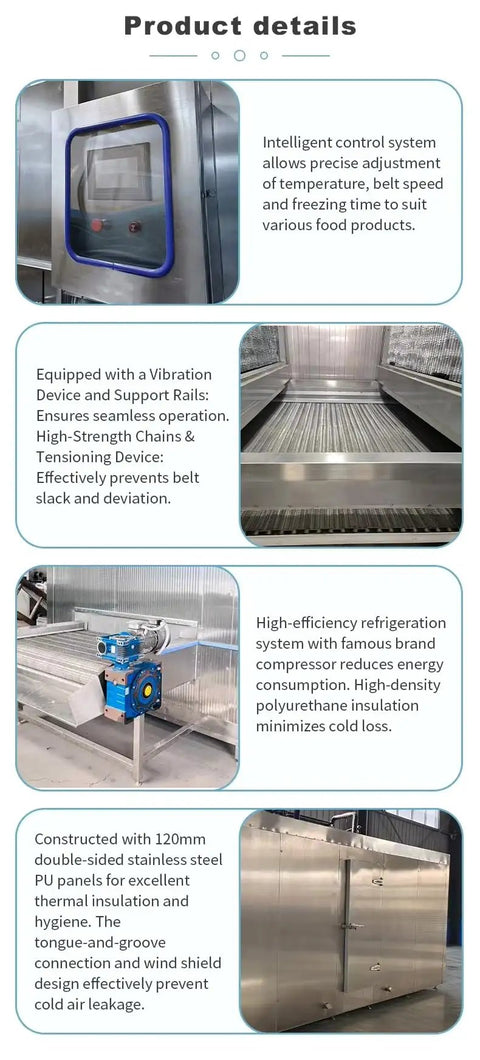 No Nonsense Heavy Duty Industrial IQF Tunnel Freezer With Continuous Conveyor Belt Blast Freezer System shown with control panel and stainless steel interior.