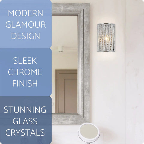 9-Inch Modern Chic Crystal Wall Sconce With Dangling Faceted Glass Crystals, Rounded Chrome Metal Frame in room setting