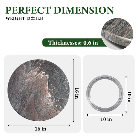 16 Inch Natural Rosso Luana Marble Lazy Susan Cabinet Turntable dimensions, showcasing 16 in round surface and 0.6 in thickness.