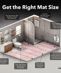 Diagram of Electric Floor Heating Mat for Tile and Bathroom Floors 120V 10 Sq Ft 120W with installation guide in a bathroom.