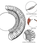 Silvery metal ring gauge set from Pro Grade Ring Sizer Tool Set For Jewelry Making, showing detachable rings and rotary joint.
