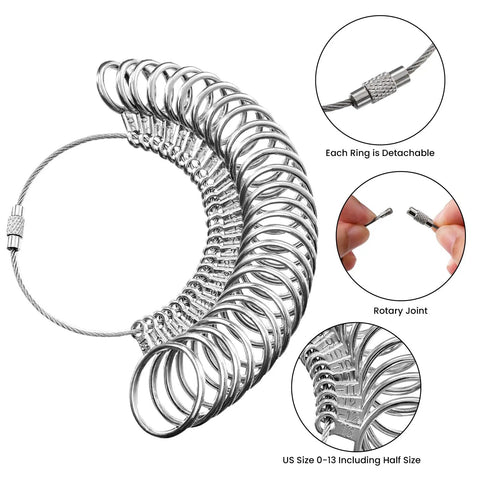 Silvery metal ring gauge set from Pro Grade Ring Sizer Tool Set For Jewelry Making, showing detachable rings and rotary joint.