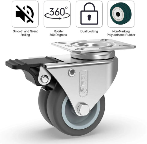 2 Inch Heavy Duty Swivel Casters Set Of 4 With 2 Locking Brakes, Screws Included, Up To 880 Lbs Capacity Per Set, Silent Plate Castors
