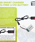 2 Pack 3.7V 420mAh 25C LiPo Battery With USB Charging Cable And Molex Plug and smart charger info graphic