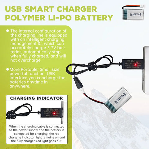2 Pack 3.7V 420mAh 25C LiPo Battery With USB Charging Cable And Molex Plug and smart charger info graphic