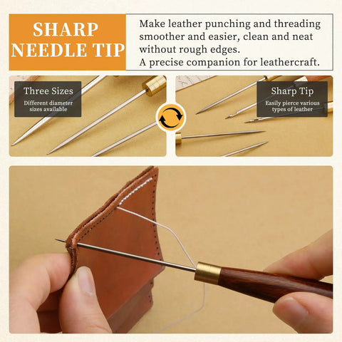 Heavy Duty 2 Pack Scratch Awl Tool Kit Rock Solid Leather Sewing Punch Set No Sweat Hole Piercer in use on leather