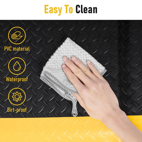 Close-up of a hand cleaning Extra Thick 3 By 7 Ft Anti Fatigue Floor Mat For Standing Tasks In The Shop Or Garage Ergonomic Comfort