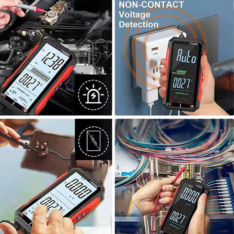 Upgraded FS899L Digital Multimeter with USB Rechargeable Power shown measuring voltage in automotive, home, and industrial settings.