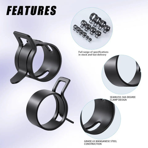Beefy Spring Hose Clamp Kit With Pliers 130 Piece 6 To 25 mm Assortment showing seamless 360-degree clamp design and steel construction.