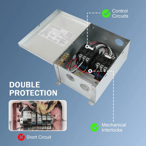RV Automatic Transfer Switch 240VAC 50A 70A Neutral Pre Wired For Shore Power To Generator Or Inverter Emergency Backup Power Switch For RVs Boats And Big Power Equipment open metal enclosure with wiring