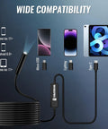 Endoscope Camera 16.4 Ft Cable 1920P HD For iOS And Android With Type C To Lightning And Type C To Micro USB Adapters Real Time View On Phones Tablets And PCs HarmonyOS Not Supported. Compatibility chart with phone, tablet, and USB adapters