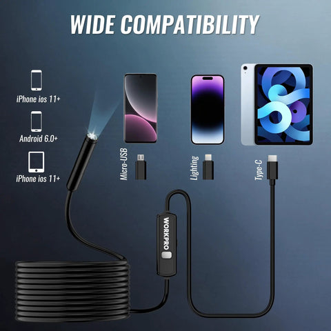 Endoscope Camera 16.4 Ft Cable 1920P HD For iOS And Android With Type C To Lightning And Type C To Micro USB Adapters Real Time View On Phones Tablets And PCs HarmonyOS Not Supported. Compatibility chart with phone, tablet, and USB adapters