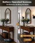 Image of before and after installation of Plug And Play Wireless Wall Sconces With Smart Remote Control and Massive 10000Mah Battery.