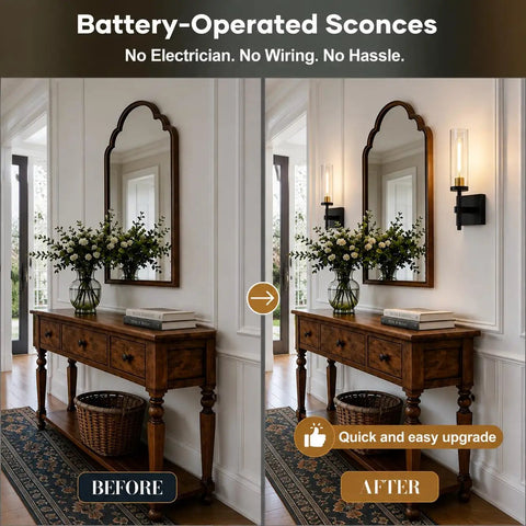 Image of before and after installation of Plug And Play Wireless Wall Sconces With Smart Remote Control and Massive 10000Mah Battery.