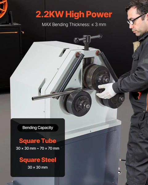 Industrial 2.2kw Electric Pipe Roll Bender With Three Roller Design For Precision Rolling Up To 3mm Thickness And 180 Degree Max Bending Angle, worker operating bending machine.