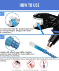 Ratcheting Wire Crimping Tool For Heat Shrink Connectors, Precision AWG 22 To 10 shown crimping a blue connector in step-by-step guide.