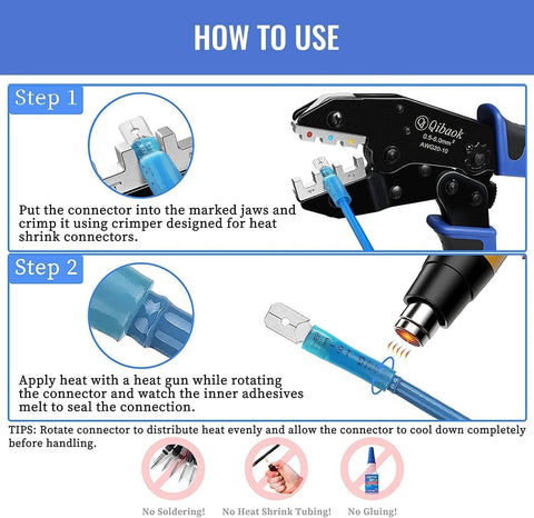 Ratcheting Wire Crimping Tool For Heat Shrink Connectors, Precision AWG 22 To 10 shown crimping a blue connector in step-by-step guide.