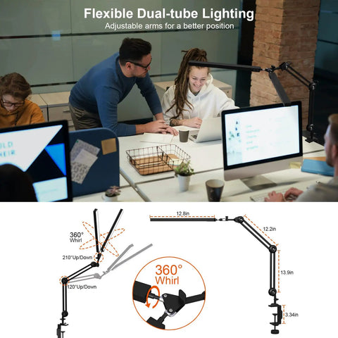 Clamp Desk Lamp LED 24W With Adjustable Color And Brightness Three Modes Eye Caring Light Metal Clamp Mount shown in office setting