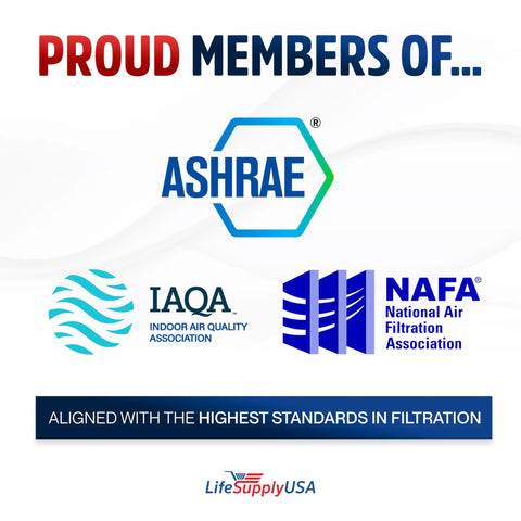 Proud members of ASHRAE, IAQA, and NAFA with Life Supply USA logo, aligned with highest filtration standards.