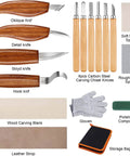 All In One 26 In 1 Wood Carving Kit With Detail Carving Knife Whittling Knife Wood Chisels Gloves Sharpener For Spoon Bowl And Kuksa Cup Projects Great Starter Set For DIY Woodworking Enthusiasts showing knives, chisels, gloves, and storage bag.