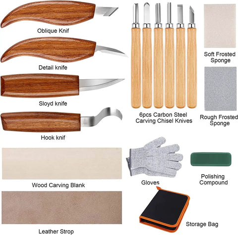 All In One 26 In 1 Wood Carving Kit With Detail Carving Knife Whittling Knife Wood Chisels Gloves Sharpener For Spoon Bowl And Kuksa Cup Projects Great Starter Set For DIY Woodworking Enthusiasts showing knives, chisels, gloves, and storage bag.