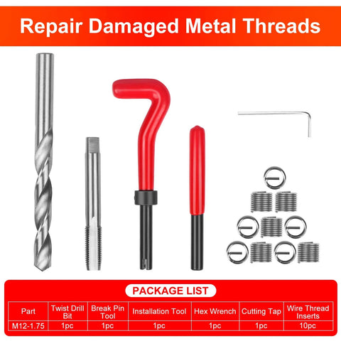 Pro Grade 15 Piece Thread Repair Kit For Damaged M12x1.75 Threads With Helicoil Style Inserts and tools displayed