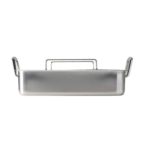 Side view of Deep Stainless Steel Roasting Pan With Basting Grill And V Rack For Oven 16.5 Inch Turkey Roaster Dishwasher Safe