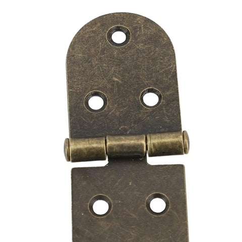 Close-up of 180 Degree Folding Flush Hinge Set For Vintage Furniture, showcasing bronze finish and pre-drilled holes.