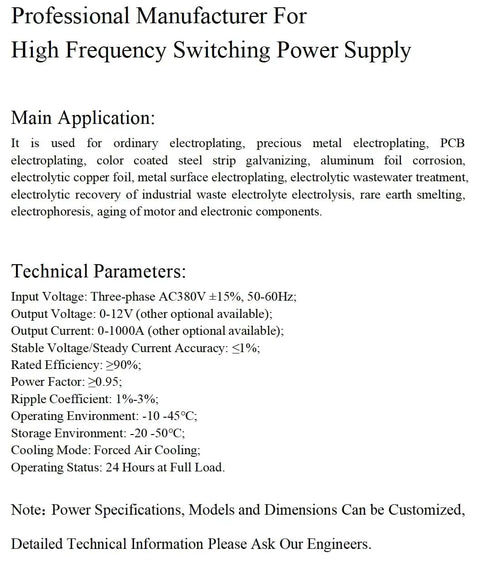 Technical specifications for Heavy Duty High Frequency Switching Power Supply For Industrial Machining 12V 1000A AC380V.