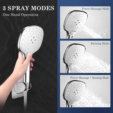 9 Inch Adjustable Rain Shower Head and High Pressure Handheld Spray Combo With Holder And Leakproof Hose Dual Showerhead System showing spray modes
